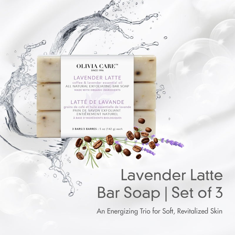 Olivia Care Exfoliating Bar Soap Lavender Latte 3 Pack Natural, Organic. Infused with Coffee Bean & Lavender Essential Oil - 3 X 5 OZ - Image 3